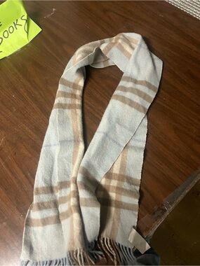 Burberry Light Blue and Beige Cashmere Plaid Scarf with Fringe